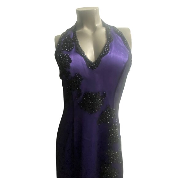 Vintage 90's Grunge Morgan and Co.‎ Purple Beaded Lace Halter Neck Gown - Picture 2 of 16